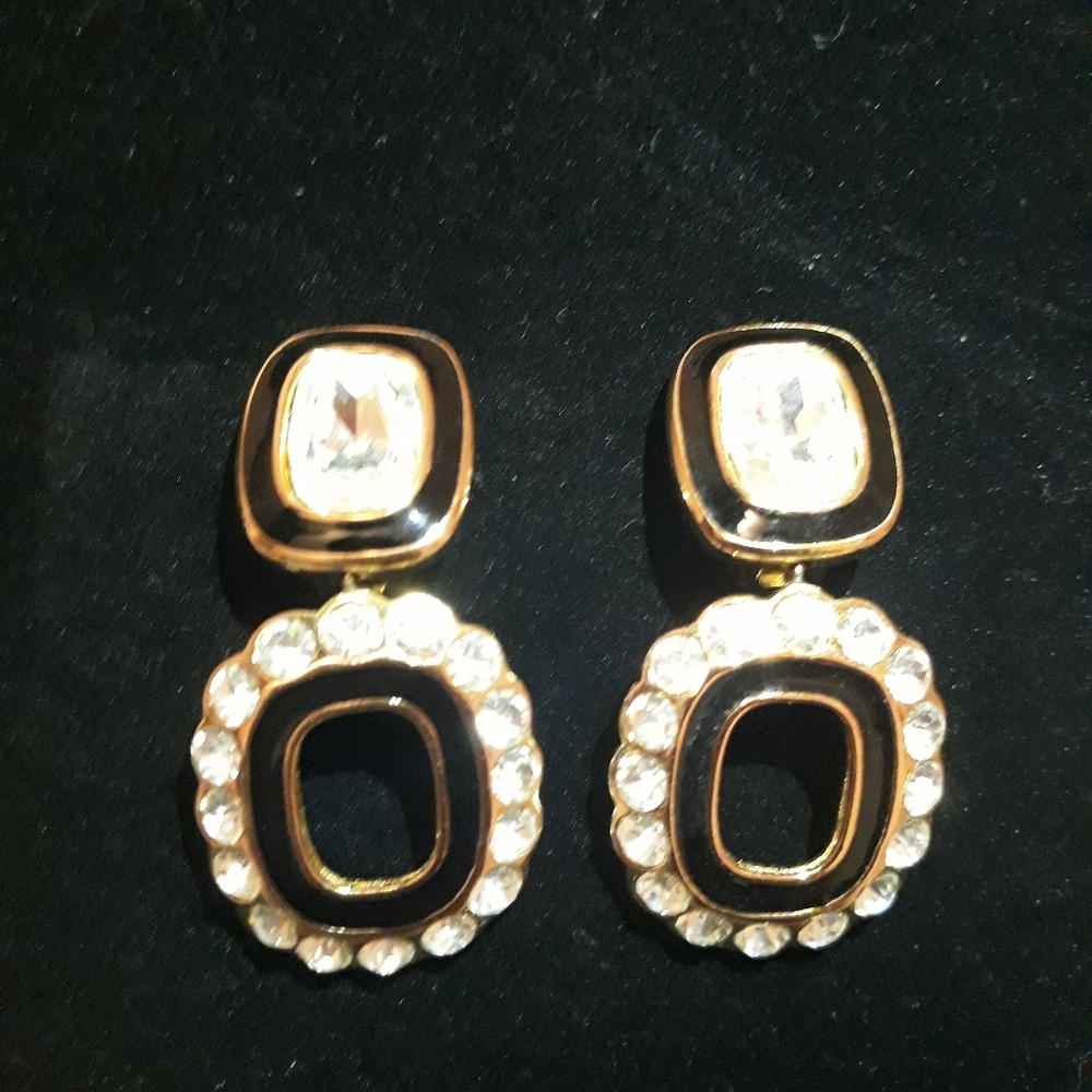 Christian Dior Glamorous Rare Oversized Black Enamel and Crystal Clip Earrings.